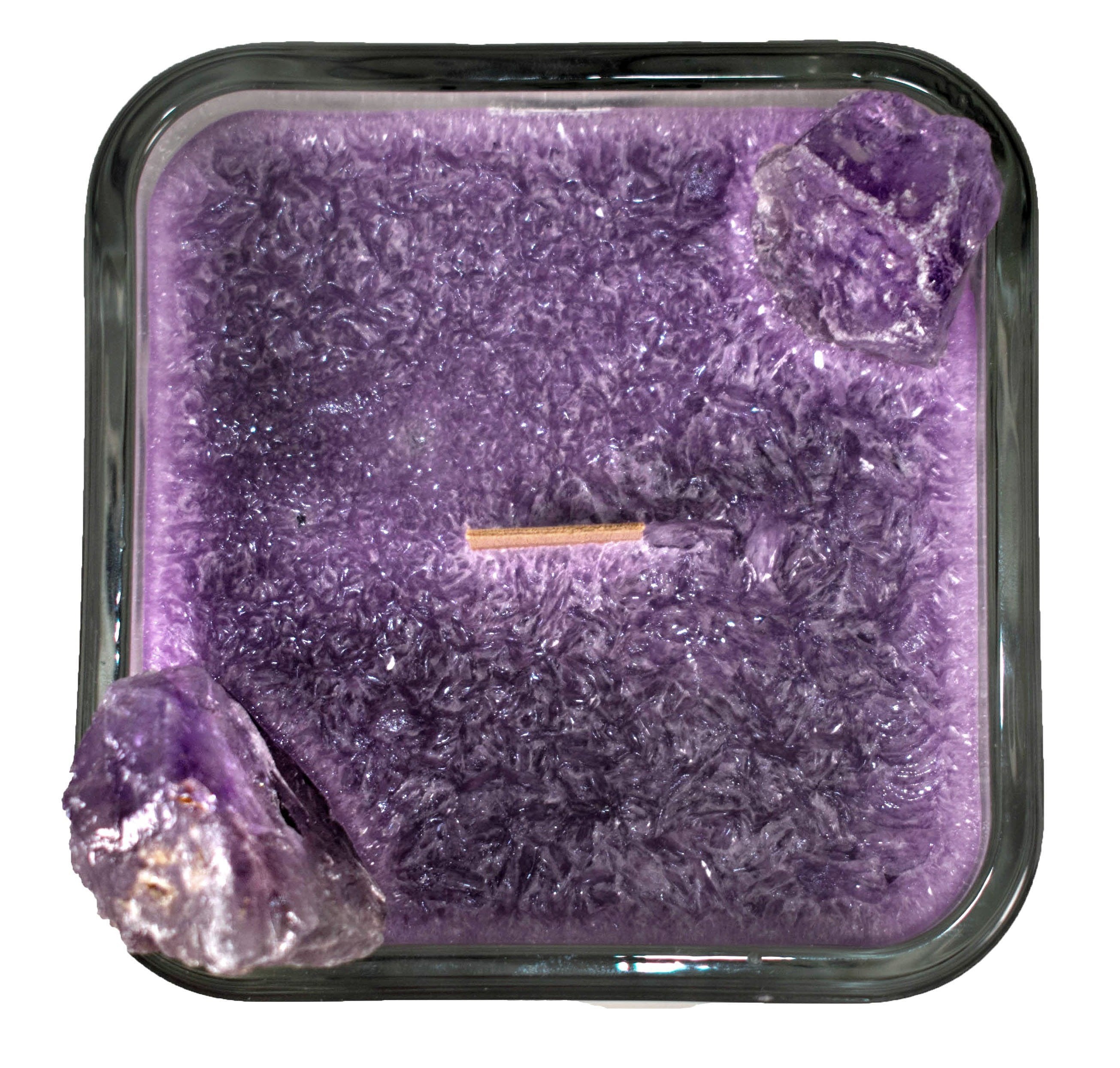 Luxury Scented Aromatherapy Candle fragranced with pure essential oils, natural palm wax with Amethyst Healing crystals. Ideal for Chakra healing, mindfulness, spirituality, positive energy, for a balanced grounded life. Hand poured in small batches in Winnipeg Canada