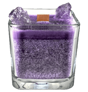 Luxury Scented Aromatherapy Candle fragranced with pure essential oils, natural palm wax with Amethyst Healing crystals. Ideal for Chakra healing, mindfulness, spirituality, positive energy, for a balanced grounded life. Hand poured in small batches in Winnipeg Canada